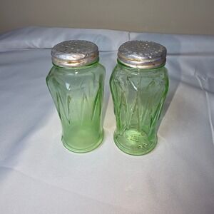 Vintage Hazel Atlas Uranium Glass Salt and Pepper Shakers Depression Glass 1930s